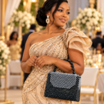 Sac ADUNNI porté avec une robe dorée